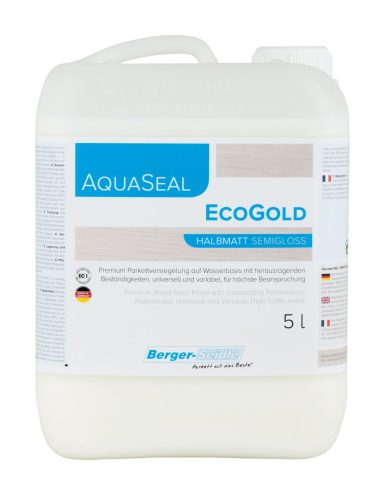 AquaSeal® EcoGold - Egykomponensű poliuretán nagy kopásállóságú parkettalakk - Paletta 96 x 5 Liter, selyemfényű